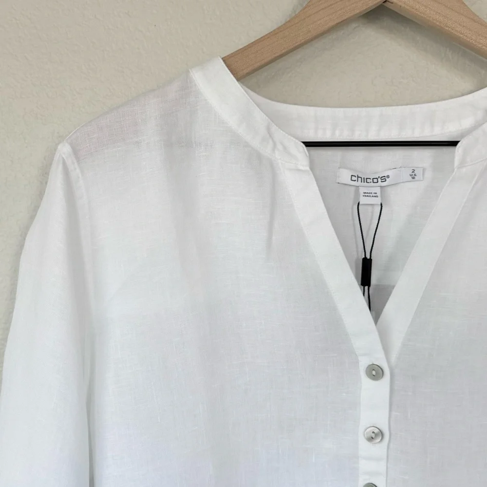 CHICO’S NWT 2 / Women’s L No Iron Linen Tunic in Optic White • Neutral Blouse - Picture 2 of 11